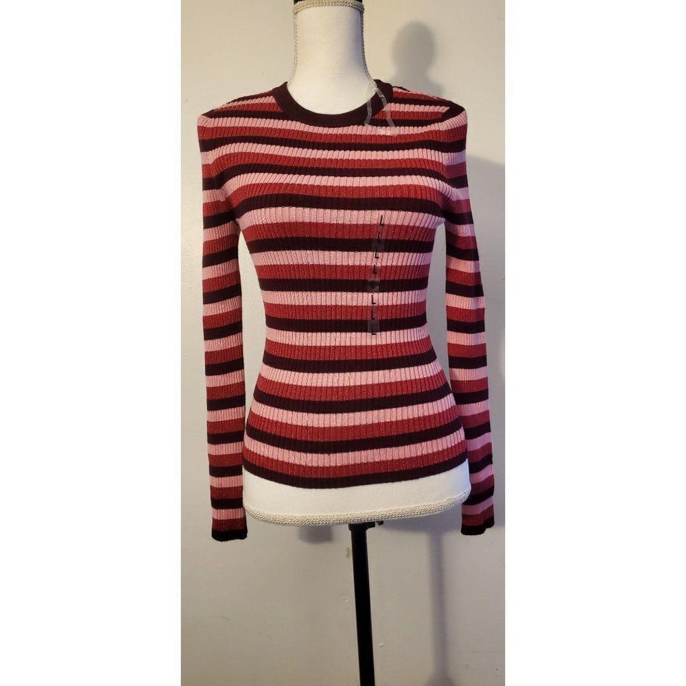 Hooked Long Sleeve Striped Pullover  L Pink